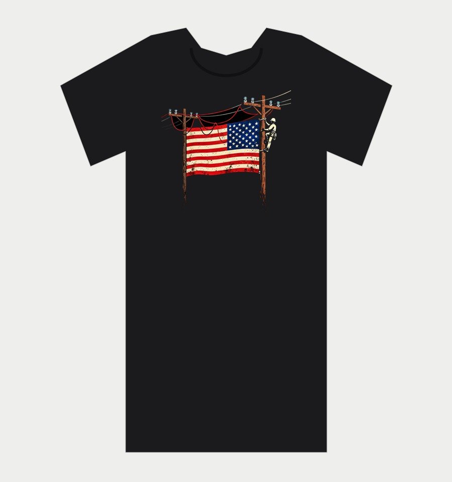 Power-Line Flag shirt: a distressed US flag whose stripes are power lines, with a lineman climbing the pole